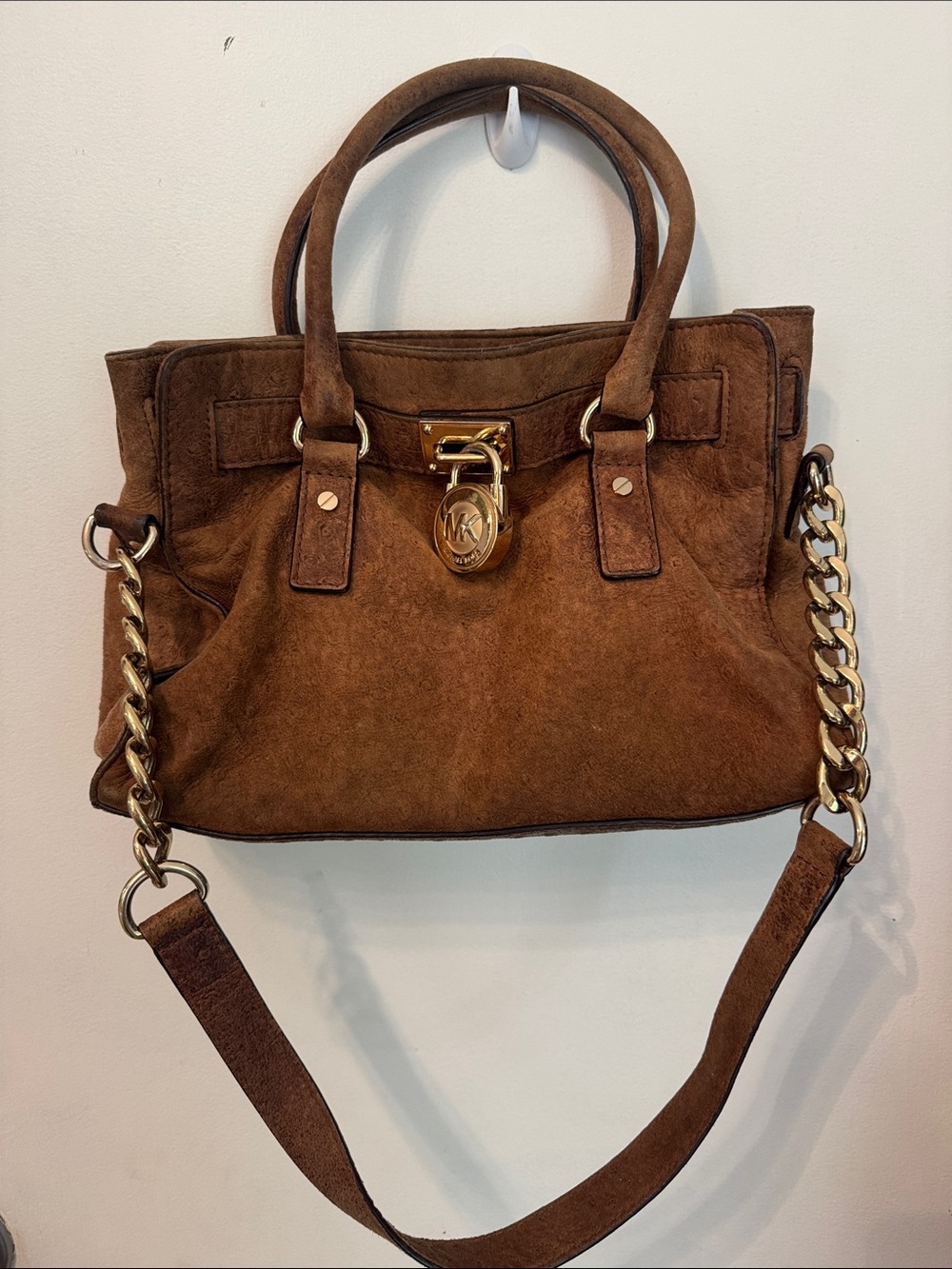 Michael Kors Chestnut Brown Suede Satchel with Gold Hardware